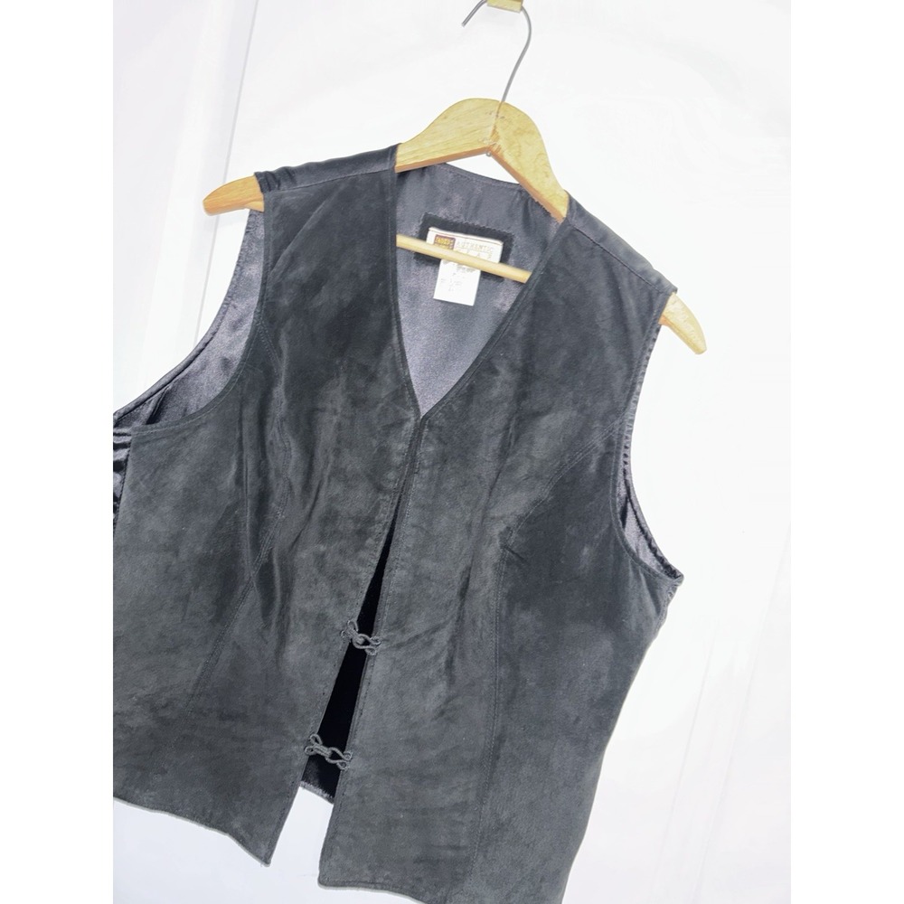 VTG Faded Glory Black Suede Leather Women's L Vest Frog Closure Western Y2K Boho - Picture 3 of 8